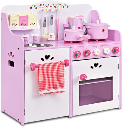Kinderkeuken Houten - Speelkeuken Blok - Fantasie Spelen - Milieuvriendelijk Materiaal - 60x30x63cm - Roze