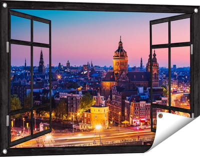 Gards Tuinposter Doorkijk Amsterdam Skyline bij Zonsondergang - 90x60 cm - Tuindoek - Tuindecoratie - Wanddecoratie buiten - Tuinschilderij