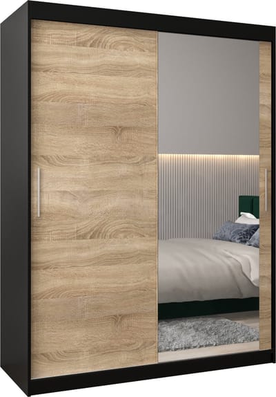 InspireMe - Kledingkast met 2 schuifdeuren, Modern-stijl, Kledingkast met planken (BxHxD): 150x200x62 - TORM II 150 Zwart Mat + Sonoma Eik