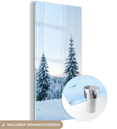 MuchoWow® Glasschilderij 20x40 cm - Schilderij acrylglas - Winter - Sneeuw - Bomen - Foto op glas - Schilderijen