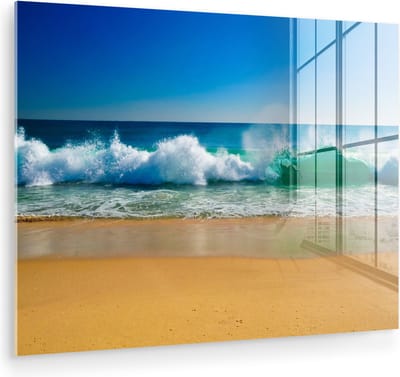 MuchoWow® Glasschilderij 160x120 cm - Schilderij acrylglas - Zee - Golf - Strand - Foto op glas - Muurdecoratie woonkamer - Wanddecoratie slaapkamer - Schilderijen