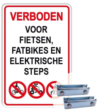 Bord Verboden voor fietsen, fatbikes en steps - Weerbestendig Aluminium - 40x60 cm - Bevestiging: Met hekbeugels (voor spijlen- of gaashek)