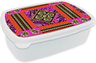Broodtrommel Wit - Lunchbox - Brooddoos - Bloemen - Ketting - Panterprint - Goud - Patroon - 18x12x6 cm - Volwassenen