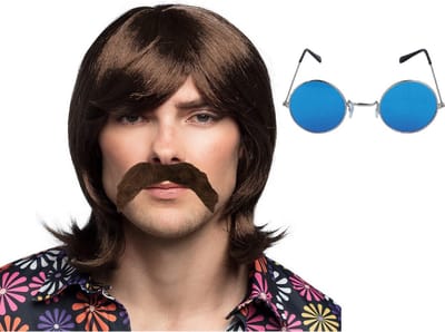 Boland Hippie Sixties verkleedset - Pruik lang haar en plaksnor bruin - bril blauw met ronde glazen - heren - Flower Power look