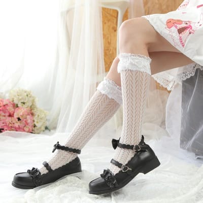 Robe Gothique Lolita Fille Mignonne Bas en Dentelle Jp Doux Cospla Sous le Genou Haut Kawaii Noir Blanc Vintage Joli Volant Bas One Size white