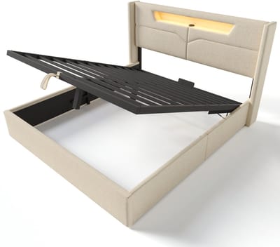 Gestoffeerd bed met ledverlichting, tweepersoonsbed met USB Type-C-oplaadpunt en ledverlichting, bed met opbergruimte, linnen bedframe, tienerbed van 140x200 cm met lattenbodem (inclusief matras).