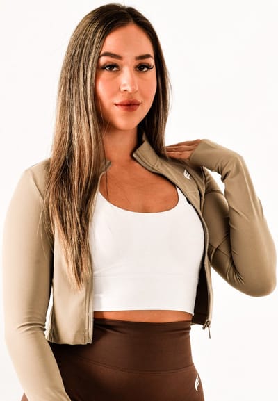 Dames sportvest slim fit – licht & ademend voor warming-up en onderweg – DM Training Essentials Jacket (cacao)
