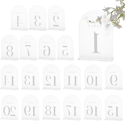 Cocoplus -Tafelnummers Acryl 20 stuks - bruiloft tafel nummers - matte afwerking - boogvormig - inclusief standaard - acryl bord - bruiloft receptie - evenement - restaurant - helder - 18 x 12,7 cm.