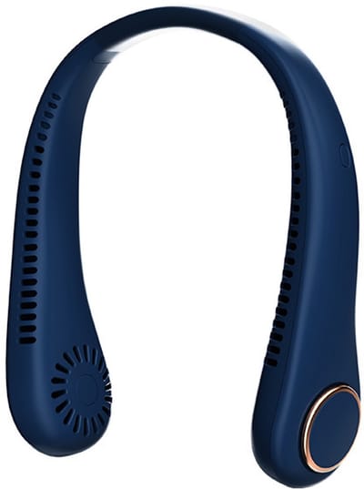 Mini ventilateur de cou bleu profond sans pales 3 vitesses, rotation 360° silencieux mains libres