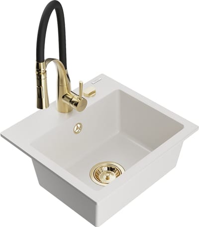 Mexen Milo granieten spoelbak 1-kompartment met keukenmengkraan Aster, wit - 6505-20-73450-57-G