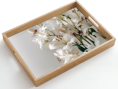 Dienblad hout 50x35 cm - Schootdienblad - Lelies - Boekte - Wit - Meeldraden - Borrelplank rechthoek - Plateau dienbladen
