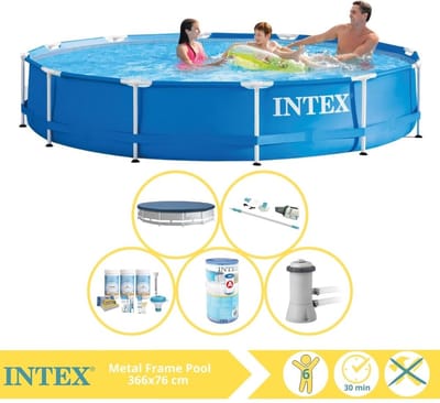 Intex Rond Frame Zwembad - 366 x 76 cm - Blauw - Inclusief Afdekzeil - Onderhoudspakket - Zwembadfilterpomp - Filter - Stofzuiger - 6-delig