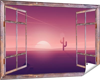 Gards Tuinposter Doorkijk Zonsondergang in de Woestijn met een Cactus - 150x100 cm - Tuindoek - Tuindecoratie - Wanddecoratie buiten - Tuinschilderij