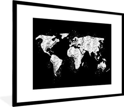 Poster in lijst - Fotolijst 80x60 cm - Posters - Wereldkaart - Marmer - Zwart - Wit - Posterlijst zwart - Decoratie - Wanddecoratie woonkamer - Muurdecoratie slaapkamer