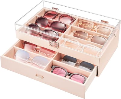Brillenkoffer met 2 etages en 12 sleuven voor zonnebrillen, leren organizer en displaybox met glazen deksel