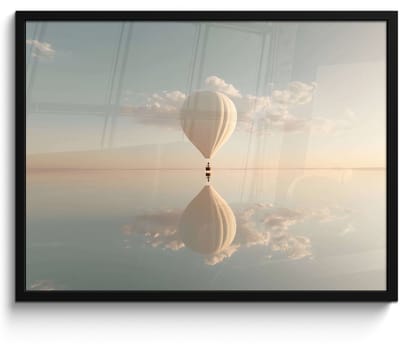 Poster in lijst - Fotolijst 80x60 cm - Posters - Luchtballon - Wolken - Water - Blauw - Posterlijst zwart - Decoratie - Wanddecoratie woonkamer - Muurdecoratie slaapkamer