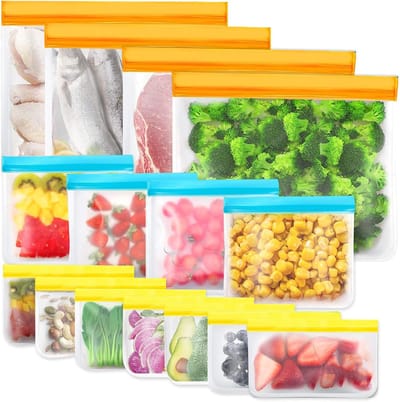 Famanu Set van 15 herbruikbare opbergzakken, BPA-vrije vrieszakken, sandwichzakken, siliconen voedselzakken, lekvrije lunchpakketten voor reissieraden
