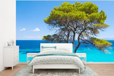 Behang - Fotobehang Boom - Zee - Tropisch - Zomer - Breedte 375 cm x hoogte 280 cm