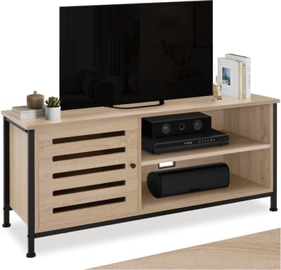 tectake® TV-meubel - TV kast en 2 vakken - Lowboard voor TV's tot 55 Inch - Houten TV-dressoir met kabeluitsparingen - Industrieel design - Zwart metalen frame - Afmeting (LxBxH) 110 x 41,5 x 50,5 cm - Lichtbruin