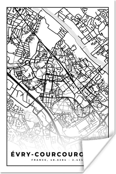 Poster Stadskaart - Plattegrond - Évry-Courcouronnes - Kaart - Frankrijk - Zwart wit - 120x180 cm XXL
