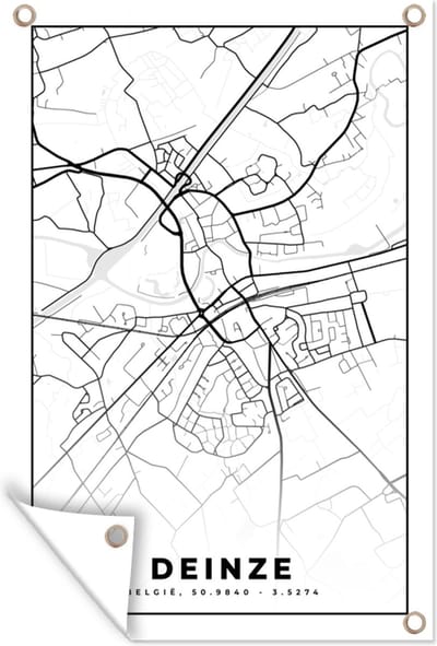Muurdecoratie Stadskaart – Zwart Wit - Kaart – Deinze – België – Plattegrond - 120x180 cm - Tuinposter - Tuindoek