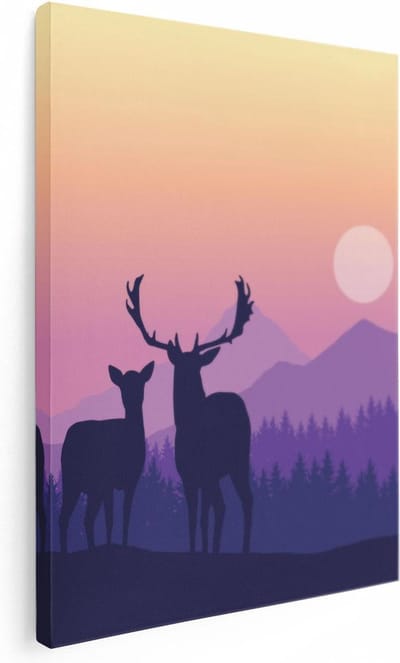 Artaza Canvas Schilderij Herten In Bos - 30x40 cm - Klein - Muurdecoratie Natuur - Wanddecoratie Bergen - Kamer Accessoires Zonsondergang