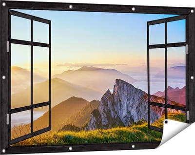 Gards Tuinposter Doorkijk Zonsopkomst in de Bergen in de Alpen - 120x80 cm - Tuindoek - Tuindecoratie - Wanddecoratie buiten - Tuinschilderij