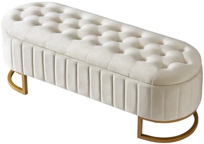 LUMÉ STORE Opbergbank - Schoenenbank - Halbank - Fluweel - Verborgen Opbergruimte - Metaal poot - 120x40x43cm - Woonkamer - Beige