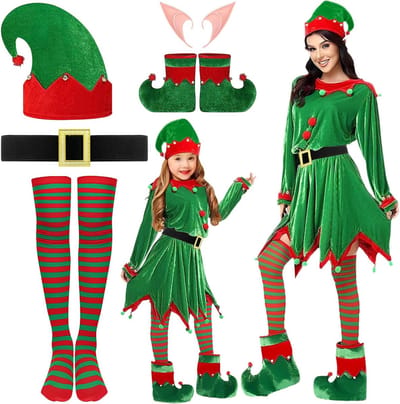 Kerstkostuumset voor kinderen, elf kostuum voor meisjes, feestoutfit met accessoires zoals hoed, sokken en schoenen voor een magische kerstervaring
