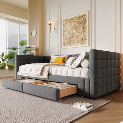 Wishdor Slaapbank – 90 x 200 cm – Uittrekbaar Bed – Met Vierkante Rugleuning en 2 Lades – Fluweel Grijs – Stevig MDF Frame – Ruimtebesparend voor Woonkamer of Logeerkamer – Stabiel tot 150 kg