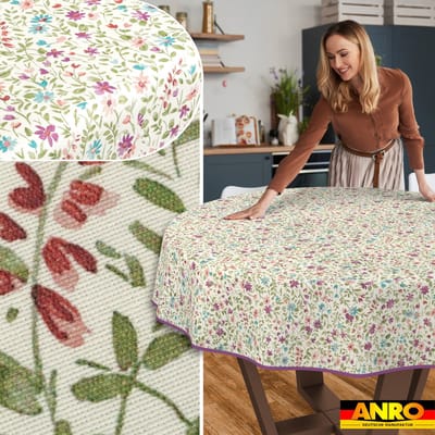 ANRO Tafelkleed Iris bloemen Beige Rond Ø100cm Met sierband Afwasbaar Waterafstotend Binnen & Buiten