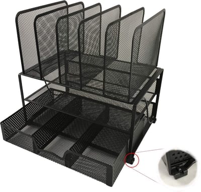 Dailygoods- Bureau Organizer Robuust - Zwart Metaal - Antislip Pads - Lade voor Benodigdheden - 6 Compartimenten - Elegant Ontwerp - Bureauhouder