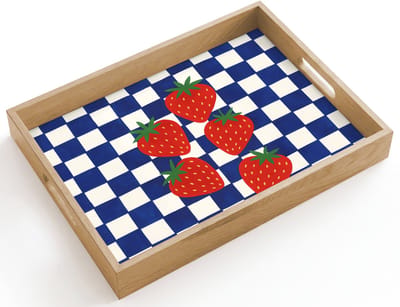 Dienblad hout 40x30 cm - Schootdienblad - Geblokt - Blauw - Aardbeien - Borrelplank rechthoek - Plateau dienbladen