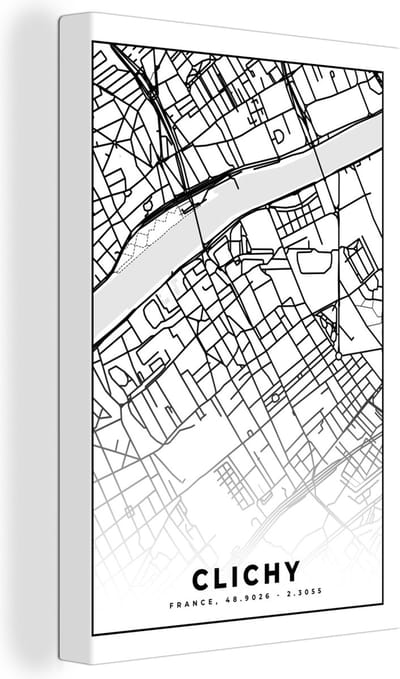 Canvas Schilderij Kaart - Stadskaart - Clichy - Frankrijk - Plattegrond - Zwart wit - 20x30 cm - Wanddecoratie