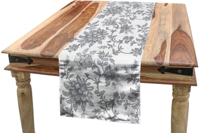 ABAKUHAUS Bloemen-tafelloper – etnische bladeren – 40×225 cm – lichtgrijs, machinewasbaar 40°C
