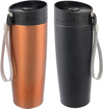 Cuisine Elegance Thermosbekers - warmhoud drinkbekers - 2x stuks - koper en zwart - 380 ml - Isolerende drinkbekers - warme dranken - reisbekers