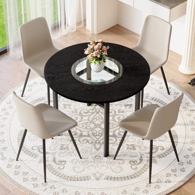 MODENUIT Eethoek 100 cm - Ronde Tafel Met Glasinleg En 4 Stoelen - Voor Eetkamer - MDF Metaal - Warmgrijs Zwart