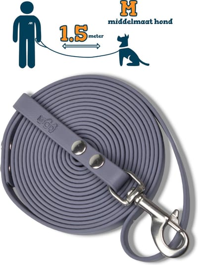 Miqdi hondenriem - BioThane® – grijs – 1.5 meter lang – 13mm breed – M – middelmaat hond
