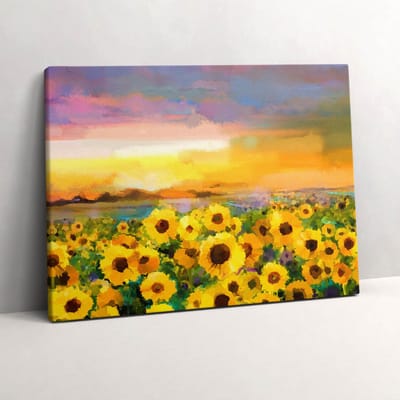 Wallfluent Foto Op Canvas Zonnebloemveld en zonsondergang - 80 x 60 cm - Geel Schilderij Op Canvas - Bloemen en Planten Foto Canvas - Natuur Print Op Doek - Bloemen en Planten Schilderij Canvas