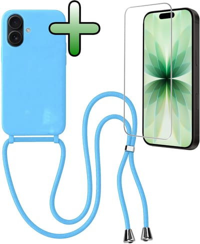 Hoes Geschikt voor iPhone 17 Hoesje Met Koord Met Screenprotector - Telefoonhoesje Geschikt voor iPhone 17 Backcover Met Afneembaar Koord - Lichtblauw