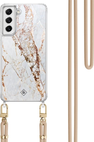 Casimoda® hoesje met koord - Geschikt voor Samsung S21 FE - Marmer Goud - Afneembaar koord - TPU/polycarbonaat - Goudkleurig
