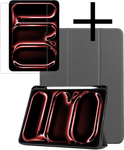 Hoes - Geschikt voor Apple iPad Pro (2024/2025) - 11 inch - Met Screenprotector - Trifold Bookcase - Hard Cover Case - Met Uitsparing Geschikt voor Apple Pencil - Hardcover Book - Tablet Hoesje - Grijs