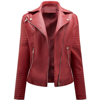 Veste en cuir courte printemps et automne pour femme, vêtement de motard à revers slim, veste à fermeture éclair oblique, manteau pour femme XXXL bordeaux