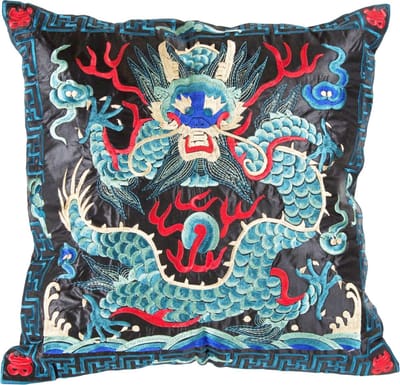 Fine Asianliving Kussenhoes Volledig Geborduurd Blauw Zwart Draak 45x45cm Zonder Vulling