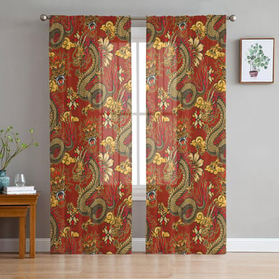 Chinese Draak Textuur Transparante Gordijnen voor Woonkamer Decoratie Raambekleding voor Keuken Tule Voile Organza Gordijnen W135 x H115cm x1 white