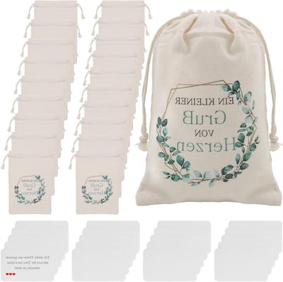 Cadeauzakjes van stof met trekkoord - 20 stuks 10 × 15 cm, inclusief blanco kaarten voor doop, bruiloft, verjaardag en feestelijke gelegenheden
