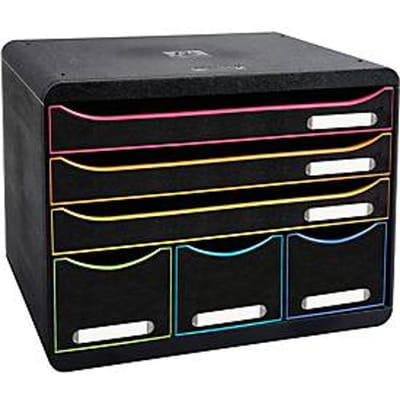 Exacompta STOREBOX Zwart/Harlekijn, 6 open laden A4+ liggend, 27 cm diep, geruisloze uittrekelementen, veiligheidsstop, 25 jaar