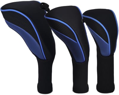 3-delige Golfclubhoofdhoes set - Golfclubhoes - Beschermer voor houten clubs - Clubhoes - Beschermhoes - Stofhoes - Met verwisselbare labels - Elastische zelfsluitende gesp - Geschikt voor golfclubs - Blauw, Zwart