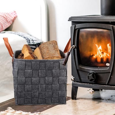 Famanu – Vilten mand gevlochten - opvouwbare opbergmand vilt - houtmand met hengsels - HBD: 29x31x31 cm - donkergrijs