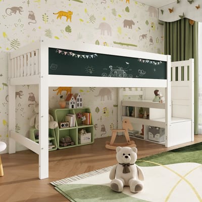 VVBV Hoogslaper 90x200 cm - Trap, Ladder, Planken, Valbeveiliging, Lattenbodem, EN747 - Hout/Massief Hout Wit Zonder Matras